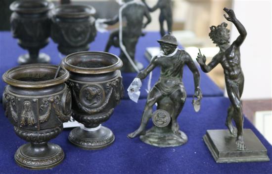 Two 19th century small bronze male figures after the Antique and a similar pair of urns, H 5.75in (max)
